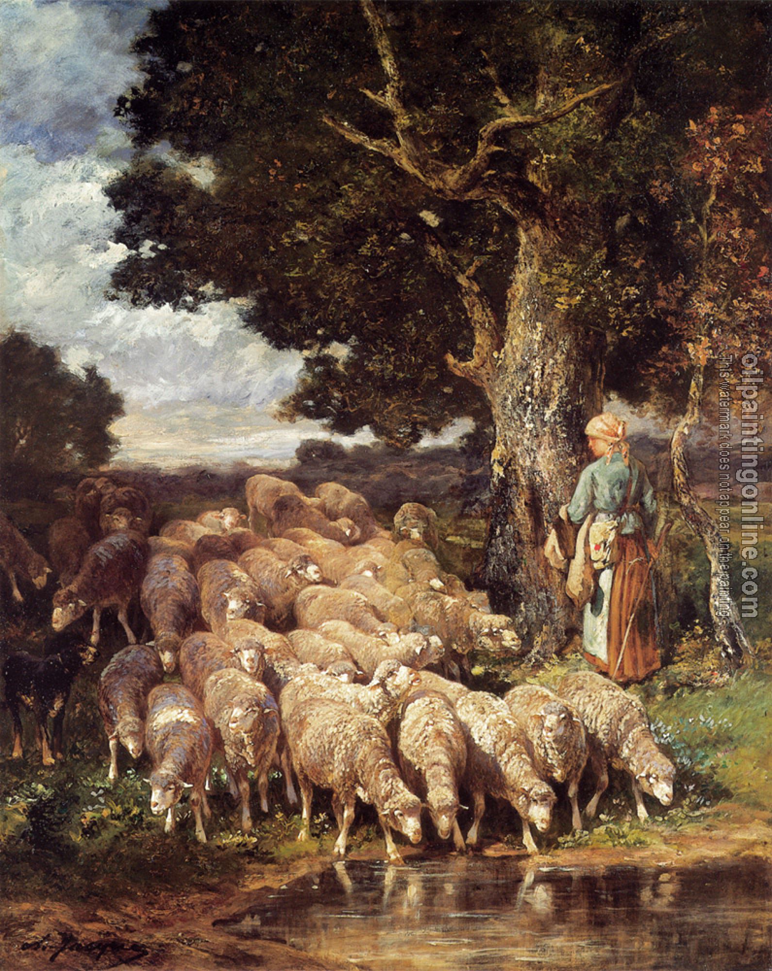 Charles Emile Jacque - A Shepherdess with her Flock near a Stream